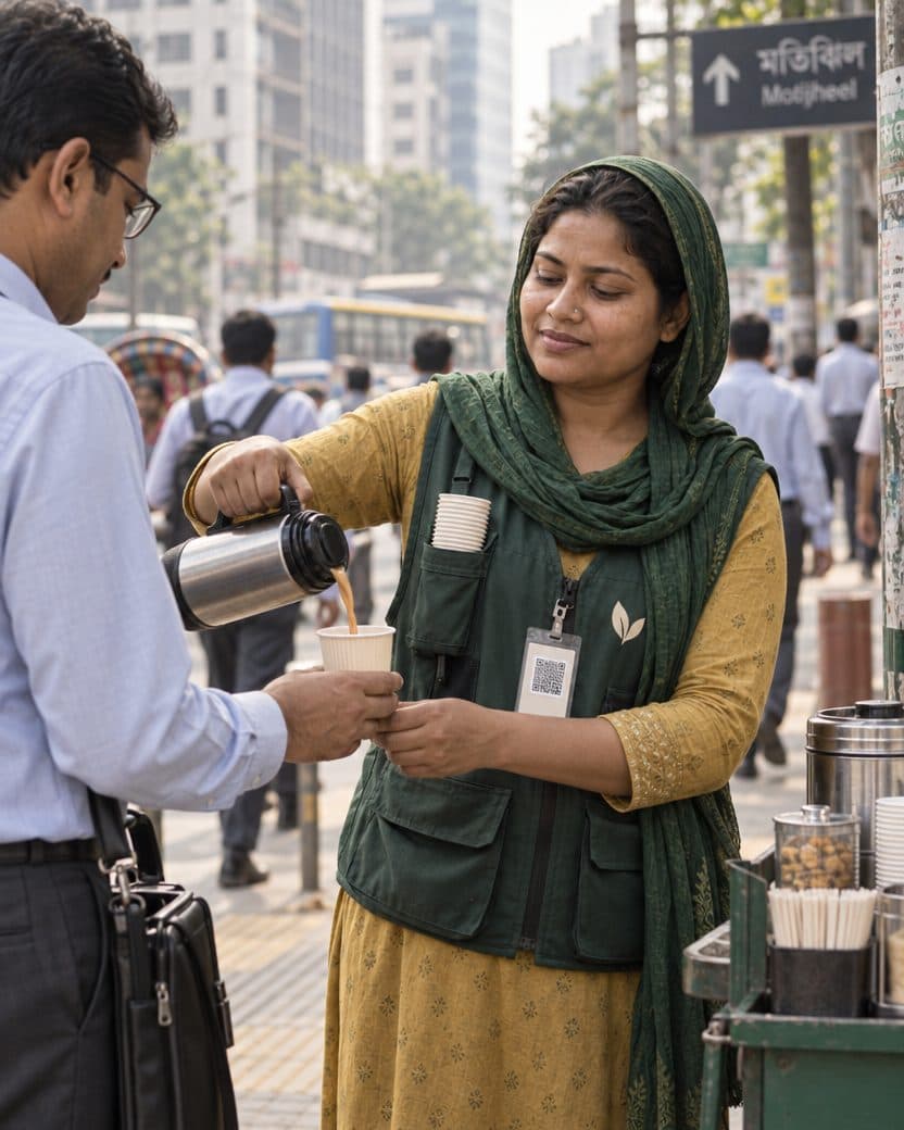 A tea seller in a green vest serving an office worker in Dhaka